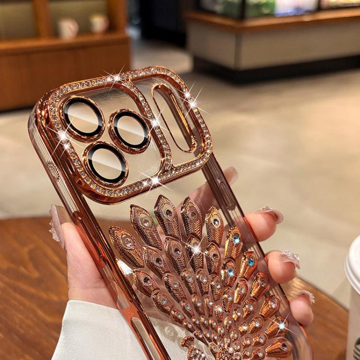 Funda para teléfono de TPU galvanizada con relieve de pavo real, diamantes de imitación y purpurina, con protector de lente., For iPhone 13 Pro, For iPhone 13, For iPhone 11