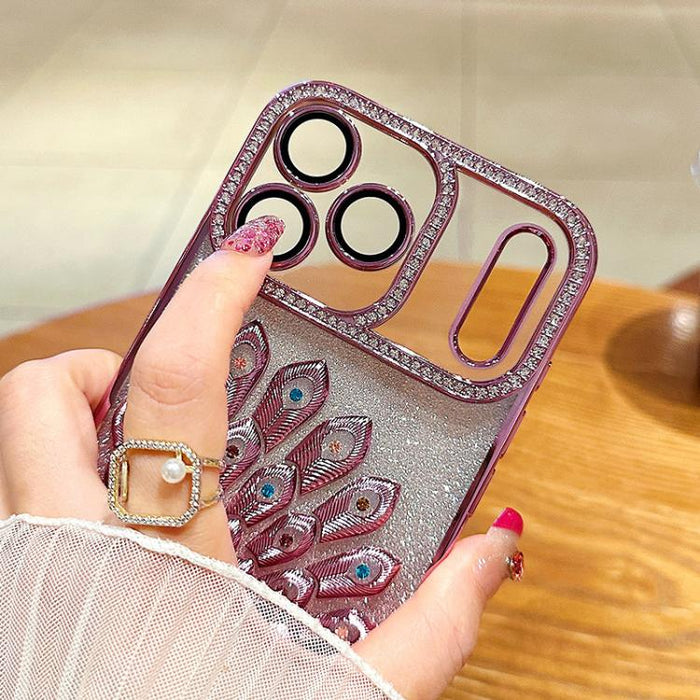 Funda para teléfono de TPU galvanizada con relieve de pavo real, diamantes de imitación y purpurina, con protector de lente., For iPhone 13 Pro, For iPhone 13, For iPhone 11
