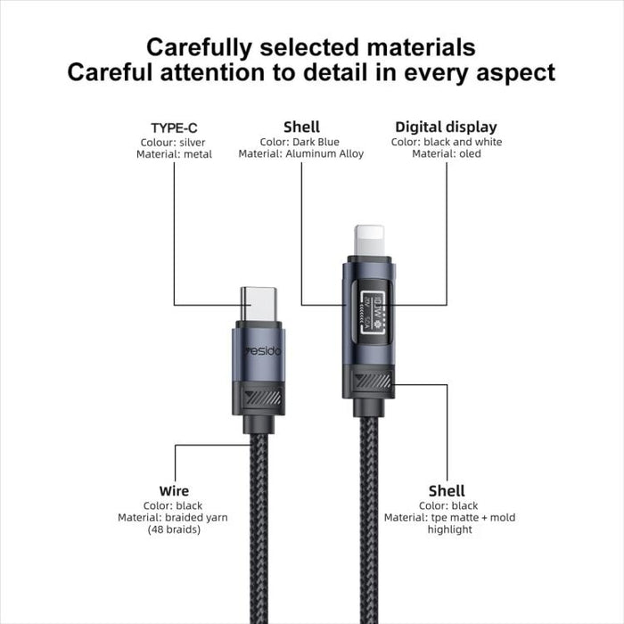 Cable de datos y carga USB a pantalla OLED de 8 pines Yesido CA138L de 12 W y 2,4 A, USB to 8 Pin