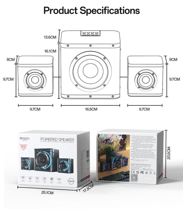 Sistema de altavoces Bluetooth Yesido YSW41 de 40 W y 2.1 canales con iluminación RGB colorida y subwoofer., YSW41