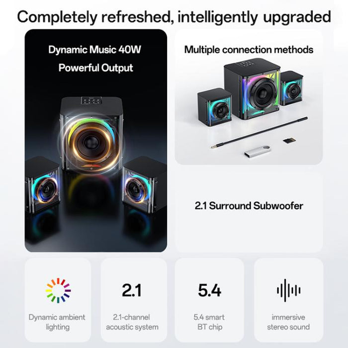 Sistema de altavoces Bluetooth Yesido YSW41 de 40 W y 2.1 canales con iluminación RGB colorida y subwoofer., YSW41