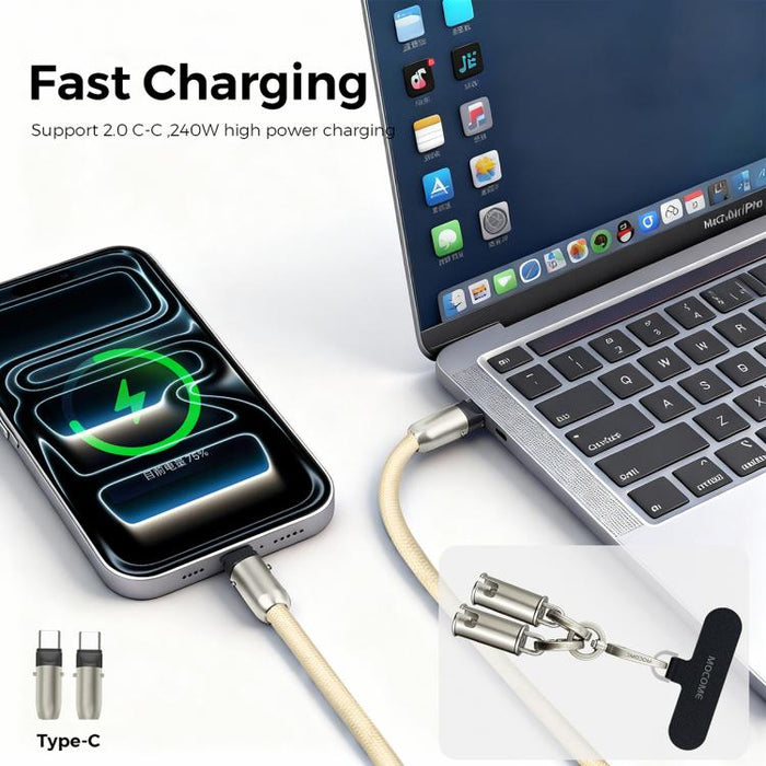 Cable de carga multifuncional MOCOME W3 USB-C a USB-C con cordón ajustable para teléfono.