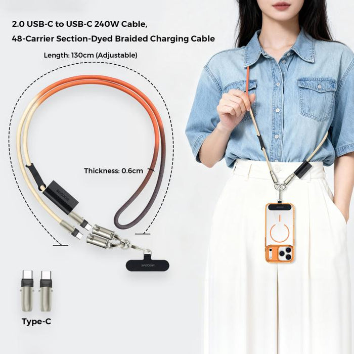 Cable de carga multifuncional MOCOME W3 USB-C a USB-C con cordón ajustable para teléfono.