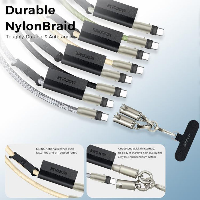 Cable de carga multifuncional MOCOME W3 USB-C a USB-C con cordón ajustable para teléfono.