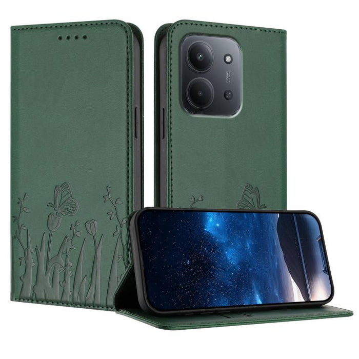 Funda magnética para teléfono de piel vegana con estampado de tulipanes y mariposas, For Redmi 15 5G Global / 15 4G SEA 169.5mm, For Redmi 15 5G / 4G EU 171mm, For Redmi 15C 5G / 4G Global 171mm / Poco C85 4G, For Redmi A5 4G 173.3mm                   ...