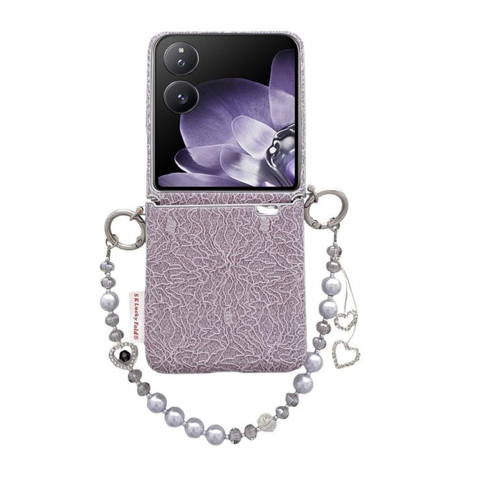 Funda para teléfono con ganchos metálicos laterales dobles, diseño de encaje en relieve y correa para la muñeca., For Xiaomi Mix Flip 2, For Xiaomi Mix Flip