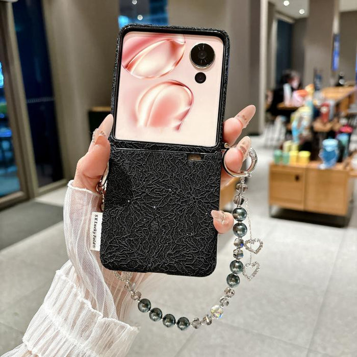 Funda para teléfono con ganchos metálicos laterales dobles, diseño de encaje en relieve y correa para la muñeca., For Xiaomi Mix Flip 2, For Xiaomi Mix Flip