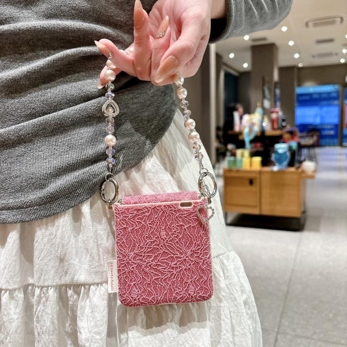 Funda para teléfono con ganchos metálicos laterales dobles, diseño de encaje en relieve y correa para la muñeca., For Xiaomi Mix Flip 2, For Xiaomi Mix Flip