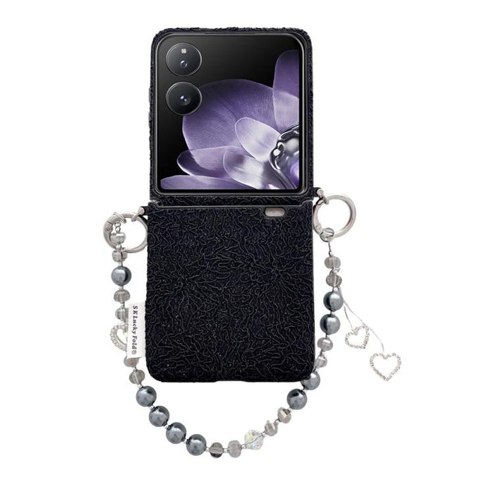 Funda para teléfono con ganchos metálicos laterales dobles, diseño de encaje en relieve y correa para la muñeca., For Xiaomi Mix Flip 2, For Xiaomi Mix Flip