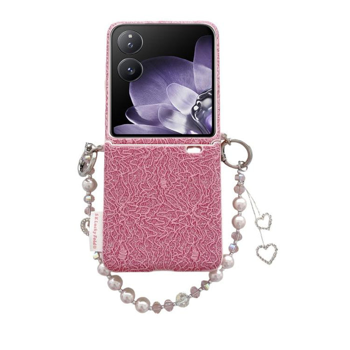Funda para teléfono con ganchos metálicos laterales dobles, diseño de encaje en relieve y correa para la muñeca., For Xiaomi Mix Flip 2, For Xiaomi Mix Flip