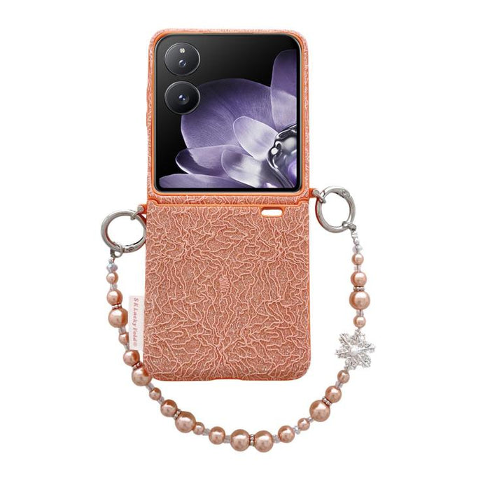 Funda para teléfono con ganchos metálicos laterales dobles, diseño de encaje en relieve y correa para la muñeca., For Xiaomi Mix Flip 2, For Xiaomi Mix Flip