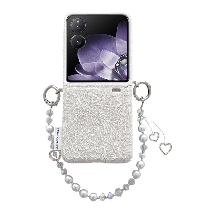 Funda para teléfono con ganchos metálicos laterales dobles, diseño de encaje en relieve y correa para la muñeca., For Xiaomi Mix Flip 2, For Xiaomi Mix Flip