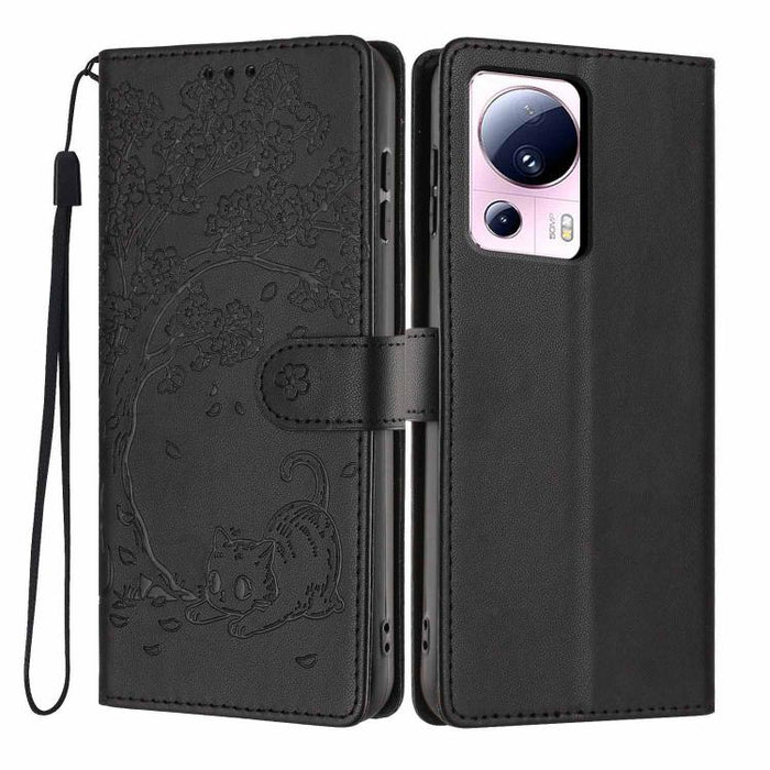 Funda para teléfono plegable de piel vegana con relieve de gato y árbol, For Xiaomi 14T Pro, For Xiaomi 14T, For Xiaomi 13T / 13T Pro, For Xiaomi 13 Lite, For Xiaomi 13 Pro, For Xiaomi 13, For Xiaomi 12T / 12T Pro, For Xiaomi 12 Pro