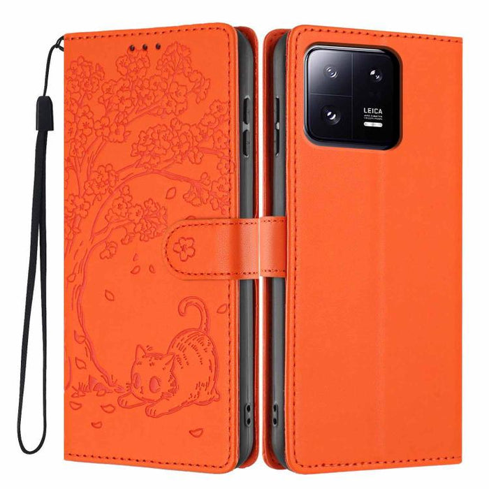 Funda para teléfono plegable de piel vegana con relieve de gato y árbol, For Xiaomi 14T Pro, For Xiaomi 14T, For Xiaomi 13T / 13T Pro, For Xiaomi 13 Lite, For Xiaomi 13 Pro, For Xiaomi 13, For Xiaomi 12T / 12T Pro, For Xiaomi 12 Pro