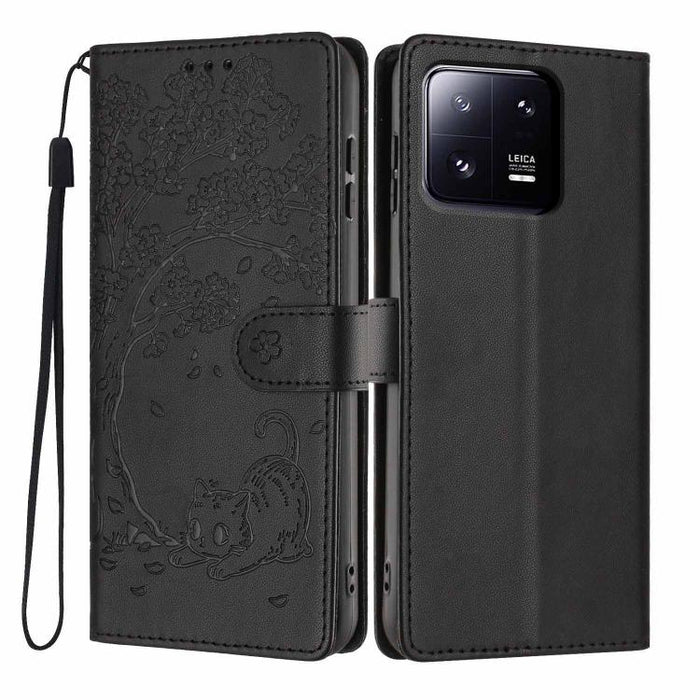 Funda para teléfono plegable de piel vegana con relieve de gato y árbol, For Xiaomi 14T Pro, For Xiaomi 14T, For Xiaomi 13T / 13T Pro, For Xiaomi 13 Lite, For Xiaomi 13 Pro, For Xiaomi 13, For Xiaomi 12T / 12T Pro, For Xiaomi 12 Pro