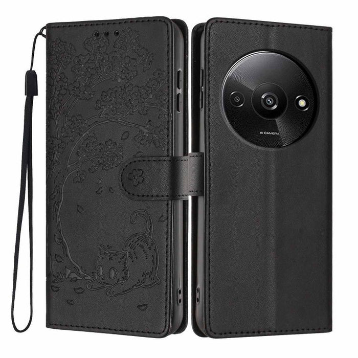 Funda para teléfono plegable de piel vegana con relieve de gato y árbol, For Redmi Note 14 Pro 4G, For Redmi Note 14 4G Global 163.25mm, For Redmi 14C 4G / A3 Pro 4G, For Redmi Note 14 5G, For Redmi Note 14 Pro 5G, For Redmi 13 4G                      ...