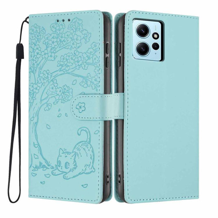 Funda para teléfono plegable de piel vegana con relieve de gato y árbol, For Redmi Note 13 Pro 5G, For Redmi Note 12S, For Redmi Note 12 4G Global, For Redmi Note 12 Pro 5G Global, For Redmi Note 12 5G / Poco X5, For Redmi 12C                          ...