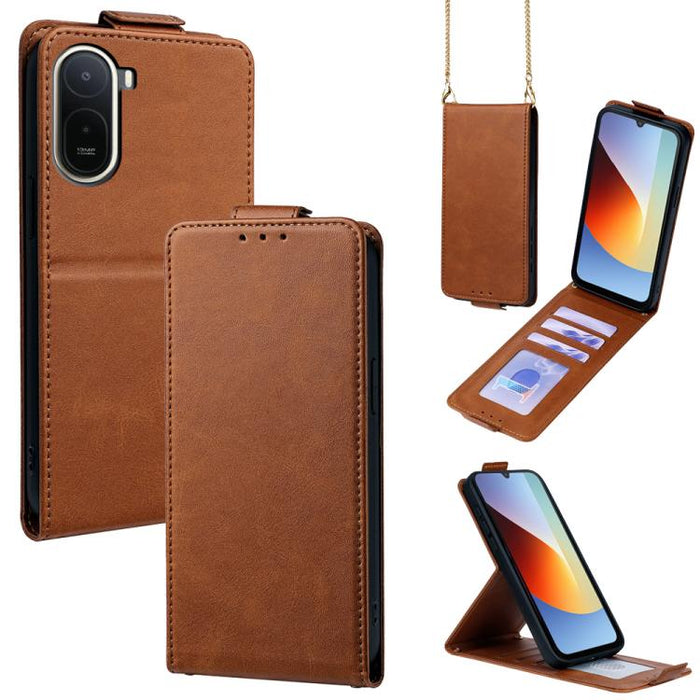 Funda para teléfono de piel vegana de color liso con tapa abatible vertical y cadena para llevar cruzada., For Redmi A7 Pro 171mm / Poco C85x 5G, For Redmi Turbo 5 Max/Poco X8 Pro Max 5G, For Redmi Turbo 5 / Poco X8 Pro 5G                              ...