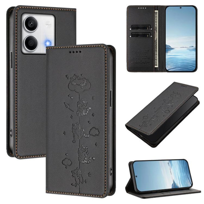Funda para teléfono de cuero vegano magnética RFID con estampado de lindos gatos, For Redmi Note 14 5G / Xiaomi Poco M7 Pro 5G, For Redmi K70 Ultra, For Redmi A3 / A3x / Xiaomi Poco C61, For Redmi 13C 4G / 5G / Poco C65, For Redmi Note 13 4G           ...