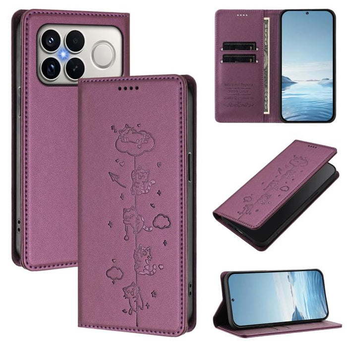 Funda para teléfono de cuero vegano magnética RFID con estampado de lindos gatos, For Redmi K90 Max 5G, For Redmi A7 Pro 4G / 5G 171mm / Poco C85x 5G, For Redmi 15a 5G, For Redmi Turbo 5 Max 5G / Poco X8 Pro Max 5G, For Redmi Turbo 5 5G / Poco X8 Pro 5...