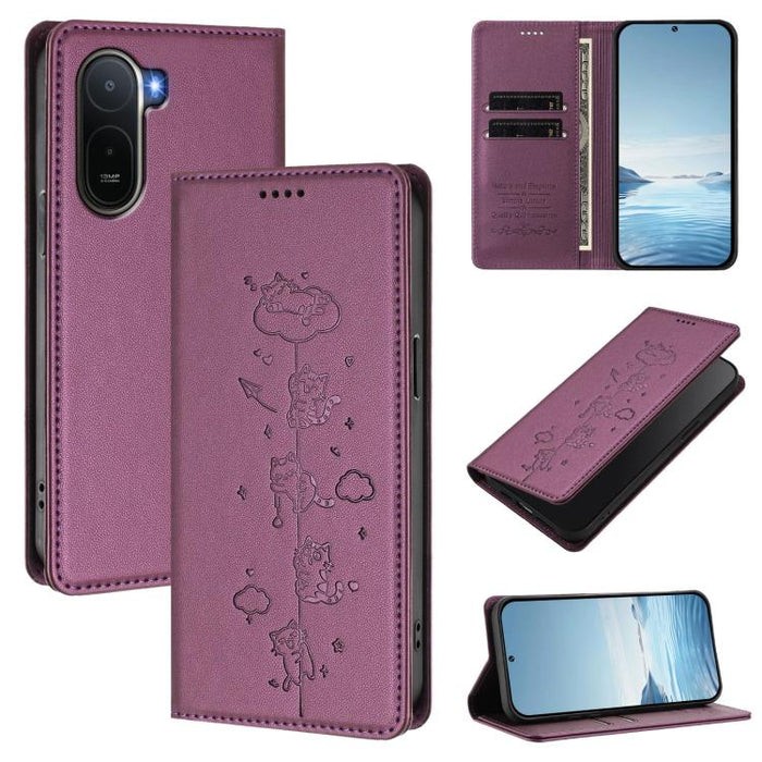 Funda para teléfono de cuero vegano magnética RFID con estampado de lindos gatos, For Redmi K90 Max 5G, For Redmi A7 Pro 4G / 5G 171mm / Poco C85x 5G, For Redmi 15a 5G, For Redmi Turbo 5 Max 5G / Poco X8 Pro Max 5G, For Redmi Turbo 5 5G / Poco X8 Pro 5...