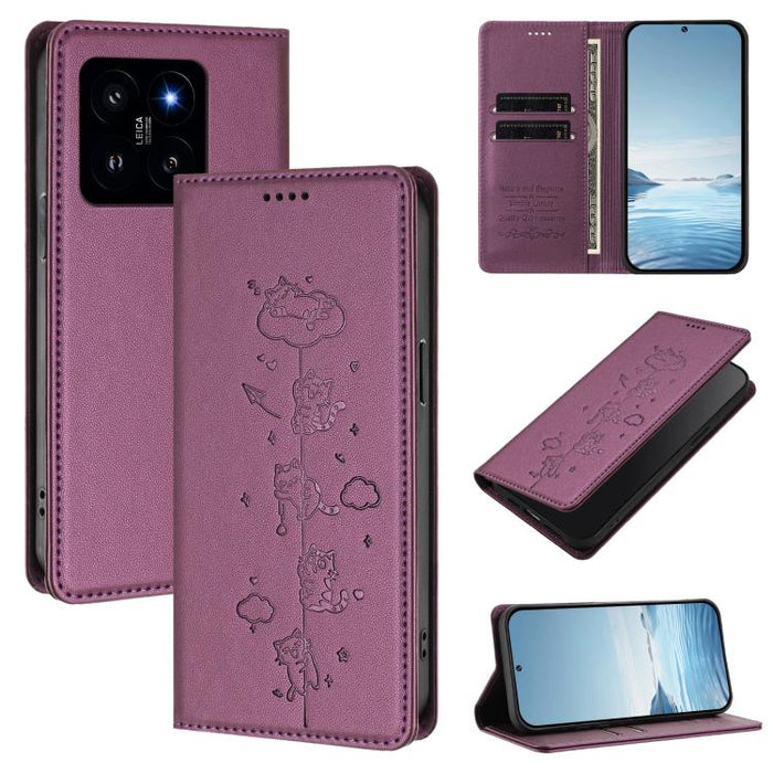 Funda para teléfono de cuero vegano magnética RFID con estampado de lindos gatos, For Xiaomi 14T, For Xiaomi Poco F6 / Redmi Turbo 3, For Xiaomi Poco F6 Pro / Redmi K70 / K70 Pro, For Xiaomi Poco X6 Neo / Redmi Note 13R Pro                             ...