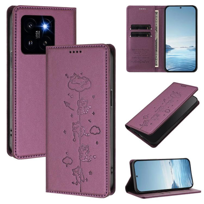 Funda para teléfono de cuero vegano magnética RFID con estampado de lindos gatos, For Xiaomi 14T, For Xiaomi Poco F6 / Redmi Turbo 3, For Xiaomi Poco F6 Pro / Redmi K70 / K70 Pro, For Xiaomi Poco X6 Neo / Redmi Note 13R Pro                             ...