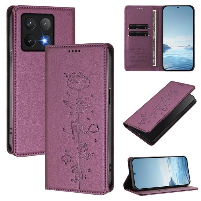 Funda para teléfono de cuero vegano magnética RFID con estampado de lindos gatos, For Xiaomi Civi 5 Pro, For Xiaomi 15S Pro, For Xiaomi Poco F7 / Redmi Turbo 4 Pro, For Xiaomi Poco M7 5G / Poco C75 / Redmi A4 5G, For Xiaomi 15 Ultra                    ...