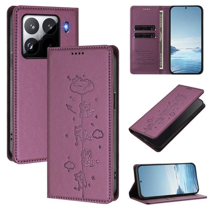 Funda para teléfono de cuero vegano magnética RFID con estampado de lindos gatos, For Xiaomi Civi 5 Pro, For Xiaomi 15S Pro, For Xiaomi Poco F7 / Redmi Turbo 4 Pro, For Xiaomi Poco M7 5G / Poco C75 / Redmi A4 5G, For Xiaomi 15 Ultra                    ...