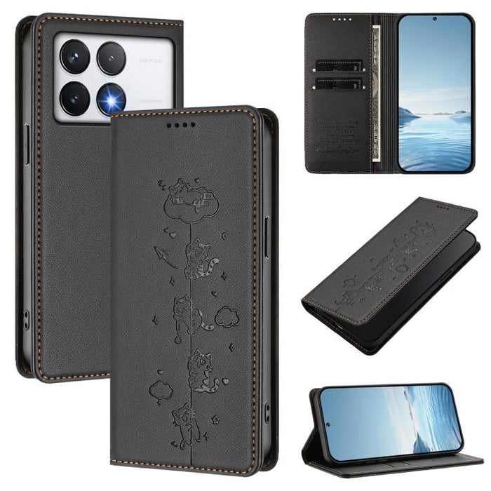 Funda para teléfono de cuero vegano magnética RFID con estampado de lindos gatos, For Xiaomi 14T, For Xiaomi Poco F6 / Redmi Turbo 3, For Xiaomi Poco F6 Pro / Redmi K70 / K70 Pro, For Xiaomi Poco X6 Neo / Redmi Note 13R Pro                             ...