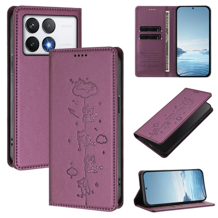 Funda para teléfono de cuero vegano magnética RFID con estampado de lindos gatos, For Xiaomi 14T, For Xiaomi Poco F6 / Redmi Turbo 3, For Xiaomi Poco F6 Pro / Redmi K70 / K70 Pro, For Xiaomi Poco X6 Neo / Redmi Note 13R Pro                             ...