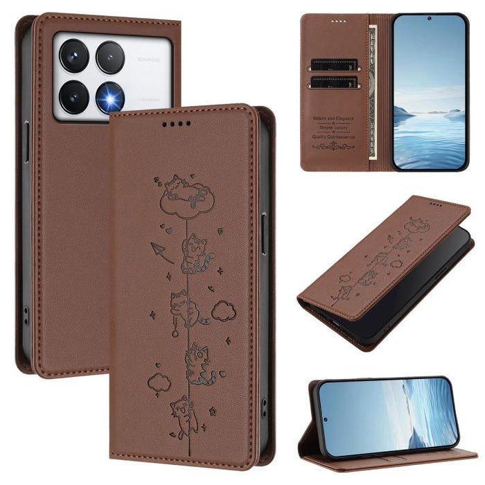 Funda para teléfono de cuero vegano magnética RFID con estampado de lindos gatos, For Xiaomi 14T, For Xiaomi Poco F6 / Redmi Turbo 3, For Xiaomi Poco F6 Pro / Redmi K70 / K70 Pro, For Xiaomi Poco X6 Neo / Redmi Note 13R Pro                             ...