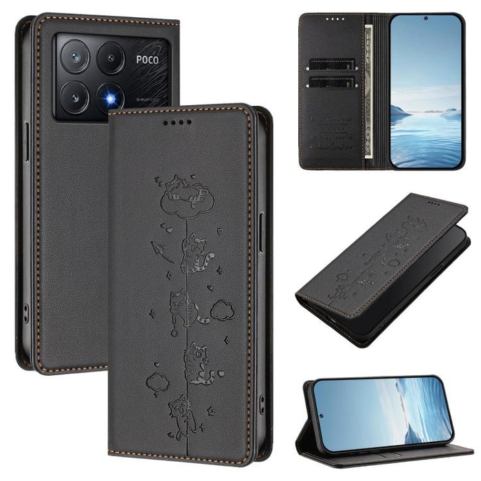 Funda para teléfono de cuero vegano magnética RFID con estampado de lindos gatos, For Xiaomi 14T, For Xiaomi Poco F6 / Redmi Turbo 3, For Xiaomi Poco F6 Pro / Redmi K70 / K70 Pro, For Xiaomi Poco X6 Neo / Redmi Note 13R Pro                             ...