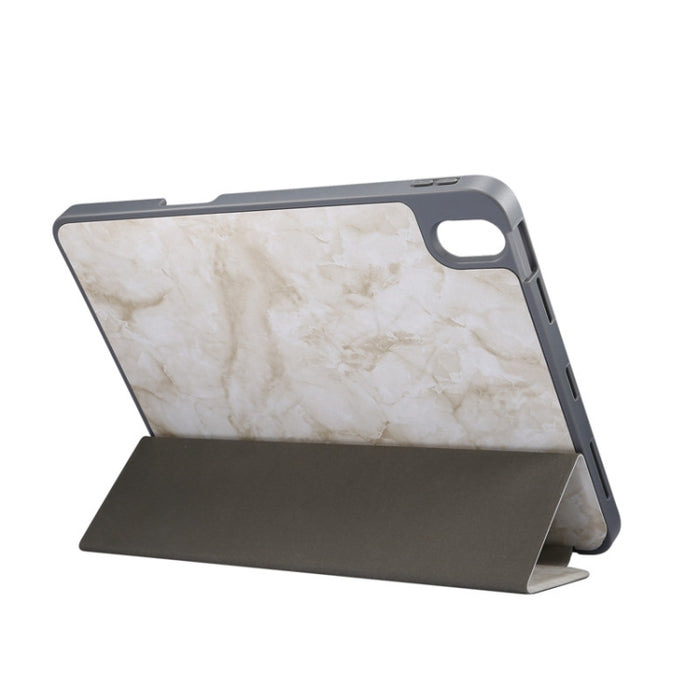 Estuche de cuero con tapa horizontal con patrón de textura de mármol, con soporte de tres pliegues y suspensión / activación