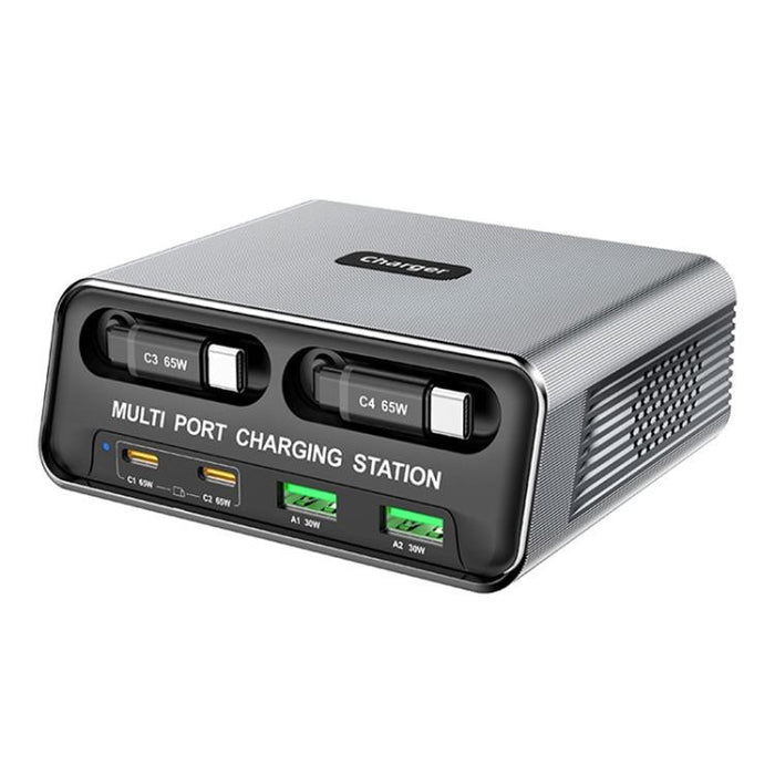 Estación de carga de escritorio WXL-60C 6 en 1 con múltiples puertos y cables telescópicos dobles integrados., WXL-60C