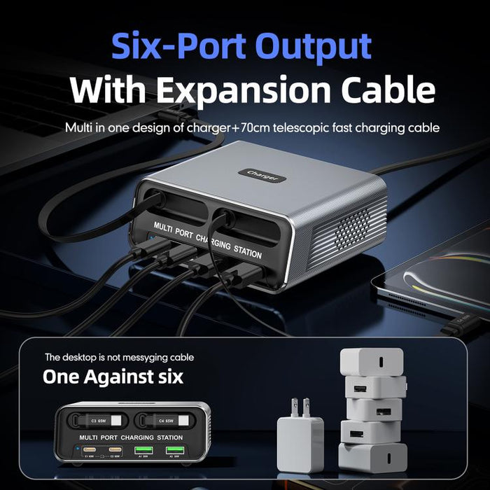 Estación de carga de escritorio WXL-60C 6 en 1 con múltiples puertos y cables telescópicos dobles integrados., WXL-60C