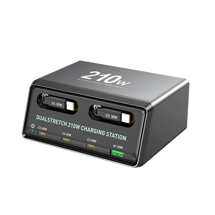 Estación de carga de escritorio WXL-60E de 210 W con múltiples puertos 6 en 1 y cables telescópicos dobles integrados., WXL-60E