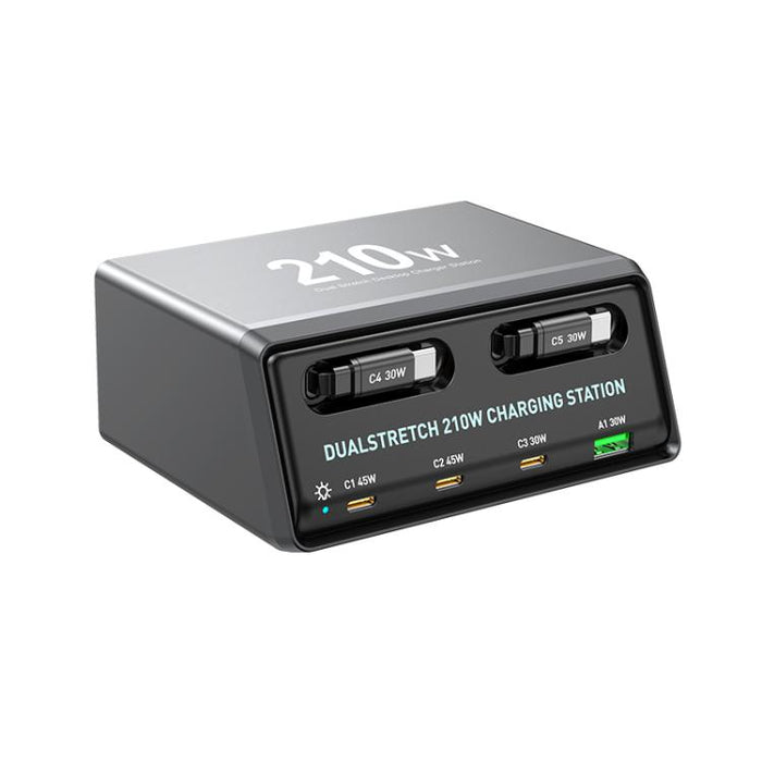 Estación de carga de escritorio WXL-60E de 210 W con múltiples puertos 6 en 1 y cables telescópicos dobles integrados., WXL-60E