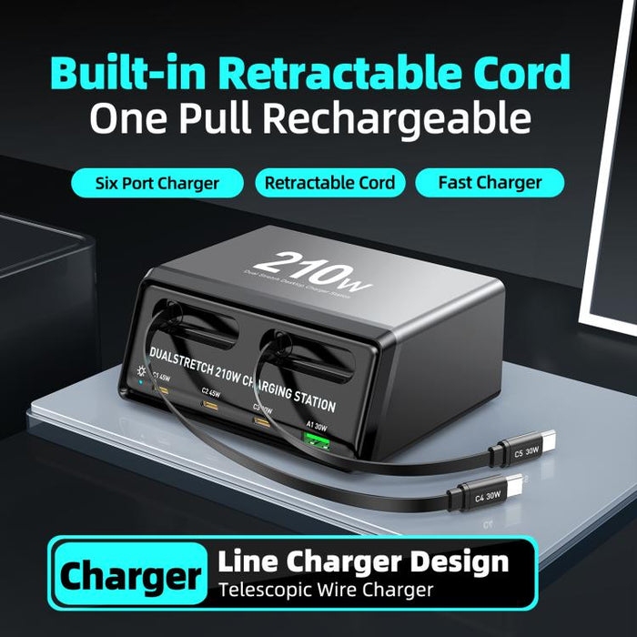 Estación de carga de escritorio WXL-60E de 210 W con múltiples puertos 6 en 1 y cables telescópicos dobles integrados., WXL-60E
