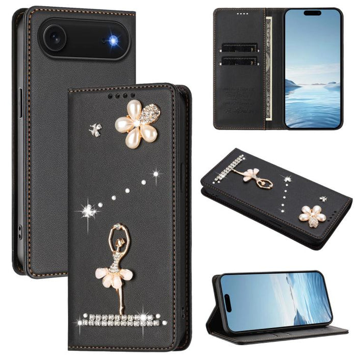 Funda para teléfono de piel vegana con protección RFID y diamantes de imitación de la bailarina de ballet, For iPhone 17e / 16e, For iPhone 17 Pro Max, For iPhone 17 Pro, For iPhone 17, For iPhone Air, For iPhone 16 Pro Max, For iPhone 16 Pro          ...