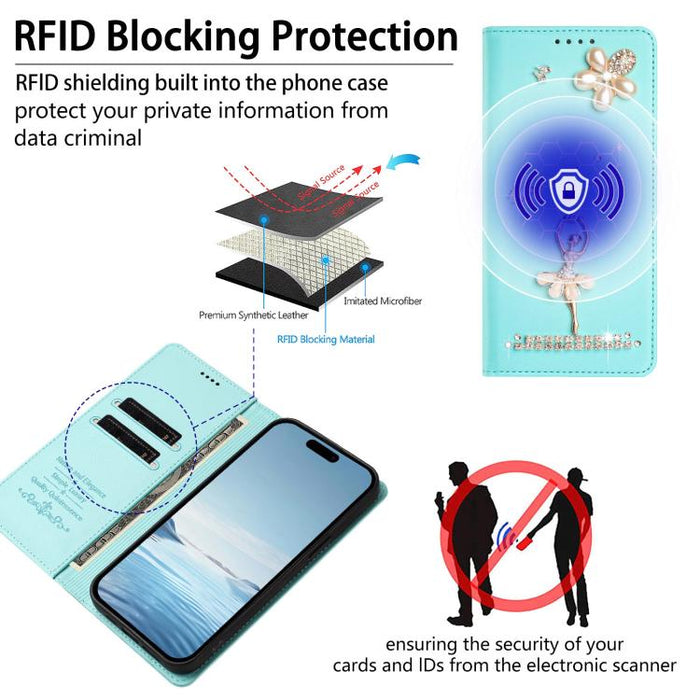Funda para teléfono de piel vegana con protección RFID y diamantes de imitación de la bailarina de ballet, For iPhone 17e / 16e, For iPhone 17 Pro Max, For iPhone 17 Pro, For iPhone 17, For iPhone Air, For iPhone 16 Pro Max, For iPhone 16 Pro          ...