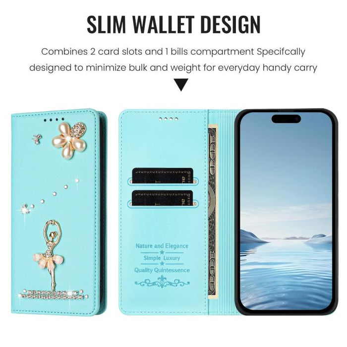Funda para teléfono de piel vegana con protección RFID y diamantes de imitación de la bailarina de ballet, For iPhone 17e / 16e, For iPhone 17 Pro Max, For iPhone 17 Pro, For iPhone 17, For iPhone Air, For iPhone 16 Pro Max, For iPhone 16 Pro          ...