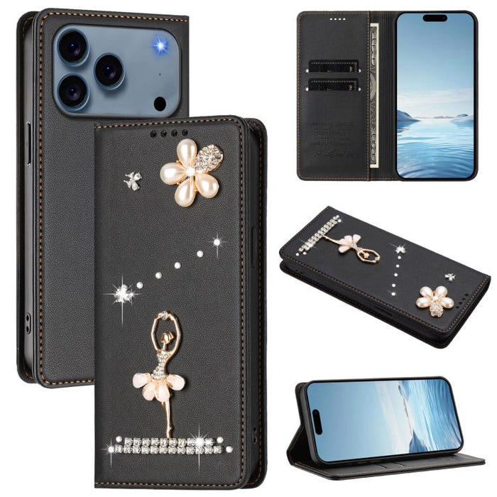 Funda para teléfono de piel vegana con protección RFID y diamantes de imitación de la bailarina de ballet, For iPhone 17e / 16e, For iPhone 17 Pro Max, For iPhone 17 Pro, For iPhone 17, For iPhone Air, For iPhone 16 Pro Max, For iPhone 16 Pro          ...