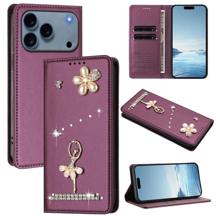 Funda para teléfono de piel vegana con protección RFID y diamantes de imitación de la bailarina de ballet, For iPhone 17e / 16e, For iPhone 17 Pro Max, For iPhone 17 Pro, For iPhone 17, For iPhone Air, For iPhone 16 Pro Max, For iPhone 16 Pro          ...