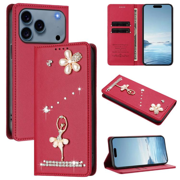 Funda para teléfono de piel vegana con protección RFID y diamantes de imitación de la bailarina de ballet, For iPhone 17e / 16e, For iPhone 17 Pro Max, For iPhone 17 Pro, For iPhone 17, For iPhone Air, For iPhone 16 Pro Max, For iPhone 16 Pro          ...