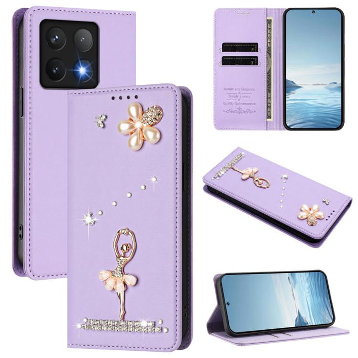 Funda para teléfono de piel vegana con protección RFID y diamantes de imitación de la bailarina de ballet, For Xiaomi Poco F7 Pro 5G / Redmi K80, For Xiaomi Poco M7 5G / Poco C75 4G, For Xiaomi Poco X7 5G / Redmi Note 14 Pro 5G, For Xiaomi 15 Ultra 5G ...
