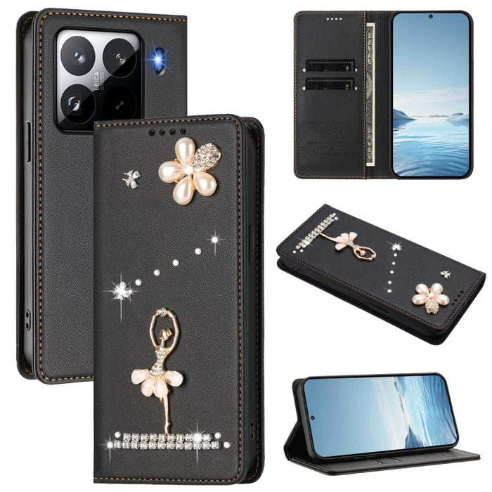 Funda para teléfono de piel vegana con protección RFID y diamantes de imitación de la bailarina de ballet, For Xiaomi Poco F7 Pro 5G / Redmi K80, For Xiaomi Poco M7 5G / Poco C75 4G, For Xiaomi Poco X7 5G / Redmi Note 14 Pro 5G, For Xiaomi 15 Ultra 5G ...