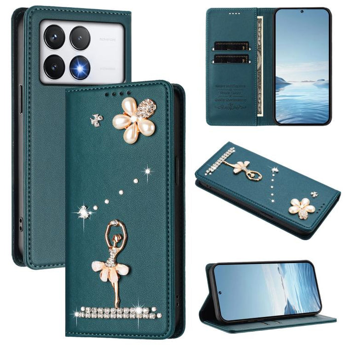 Funda para teléfono de piel vegana con protección RFID y diamantes de imitación de la bailarina de ballet, For Xiaomi Poco F7 Pro 5G / Redmi K80, For Xiaomi Poco M7 5G / Poco C75 4G, For Xiaomi Poco X7 5G / Redmi Note 14 Pro 5G, For Xiaomi 15 Ultra 5G ...