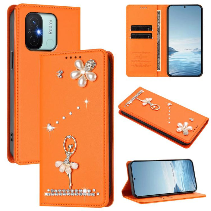 Funda para teléfono de piel vegana con protección RFID y diamantes de imitación de la bailarina de ballet, For Redmi 12 4G / 5G Global / Note 12R, For Redmi Note 12T Pro / K50i / Poco X4 GT, For Redmi Note 12 Turbo / Poco F5, For Redmi Note 12 4G Globa...