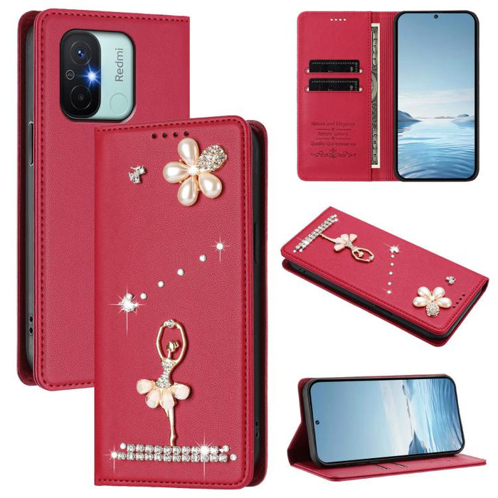Funda para teléfono de piel vegana con protección RFID y diamantes de imitación de la bailarina de ballet, For Redmi 12 4G / 5G Global / Note 12R, For Redmi Note 12T Pro / K50i / Poco X4 GT, For Redmi Note 12 Turbo / Poco F5, For Redmi Note 12 4G Globa...